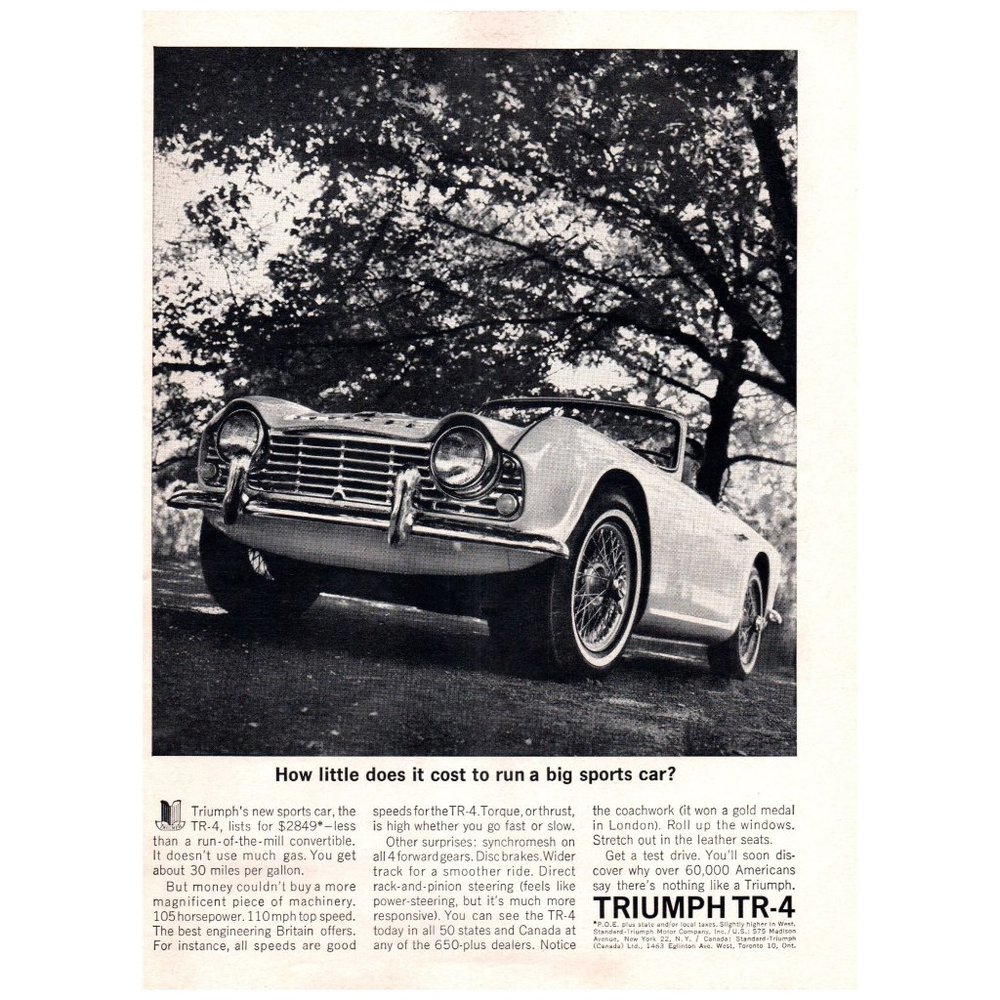 1963 Triumph TR-4 Sports Car Vintage Print Ad 60s Man Cave Garage Decor Retro